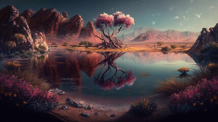 beautiful landscape of blossom nature with shore and reflection in the water fairy world of the earth horizontal format colorful background wild land view illustration generative ai