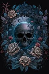 Gothic Skull with Black Roses Dark and Moody Artwork Skull PNG  |  AI Generated