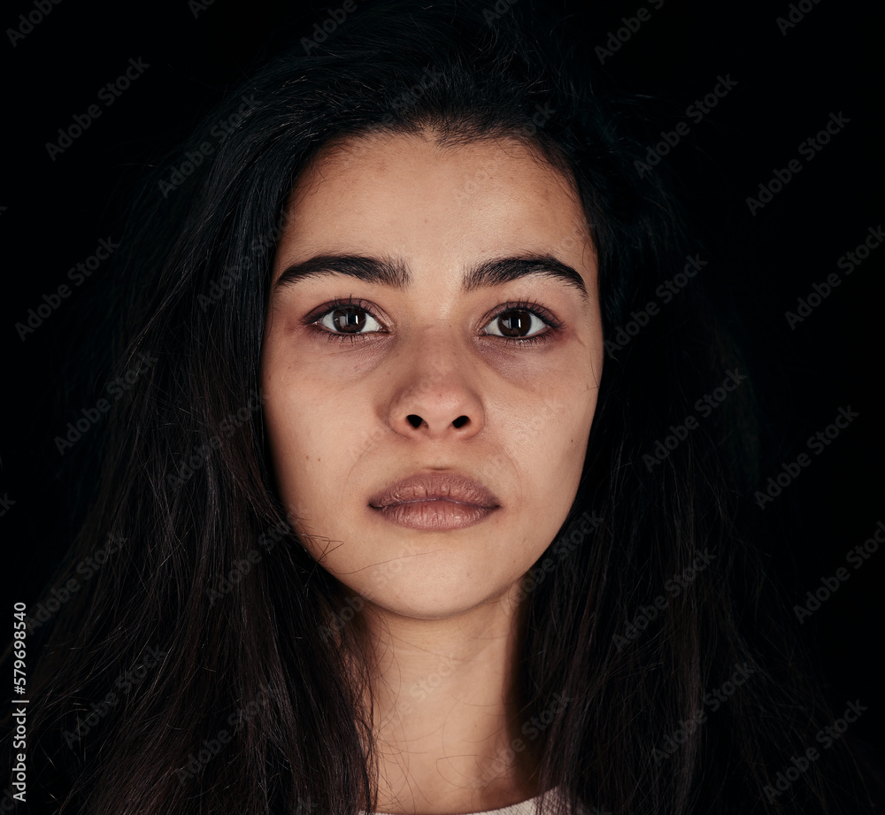 Canvas Prints Woman, face or mental health on black background in studio or depression, anxiety or psychology bipolar disorder. Zoom, headshot or portrait of stress, burnout or sick addict in rehabilitation center