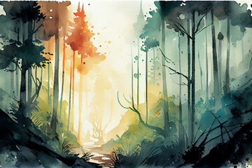 Untamed forests, watercolour style. Generative AI