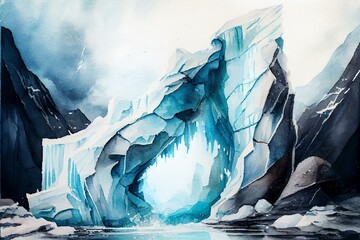 Glaciers and ice caves, watercolour style. Generative AI