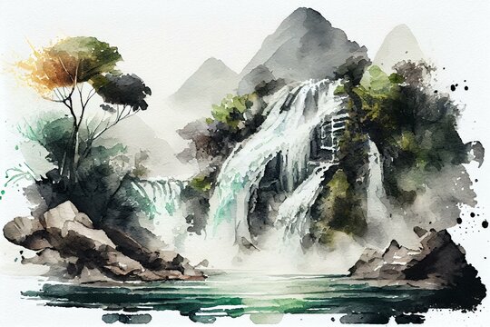 Stunning waterfalls, watercolour style. Generative AI