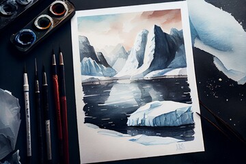 Arctic landscapes, watercolour style. Generative AI