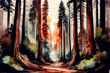 Redwood forests, watercolour style. Generative AI