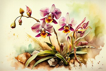 Rare orchids, watercolour style. Generative AI