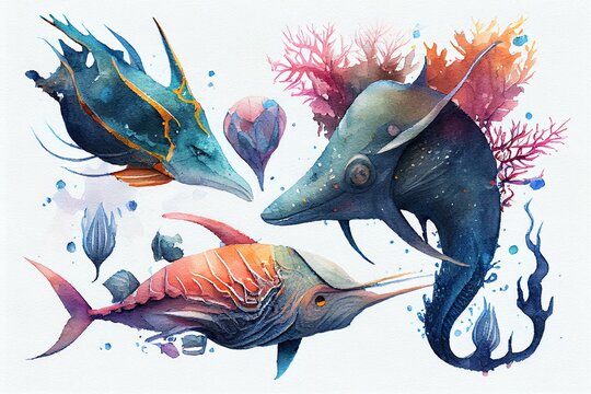 Deep sea creatures, watercolour style. Generative AI