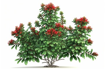 a green bush plant with red flowers isolated on white background. generative ai  illustration 