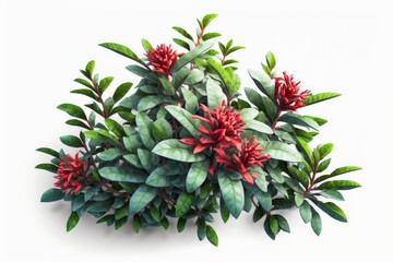 Fototapeta premium a green bush plant with red flowers isolated on white background. generative ai flower bokeh illustration 