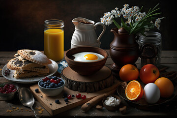 Rustic Wooden Table with a delicious, energetic and a healthy breakfast. Superfood for Health. Ai generated art