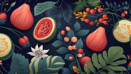 Watermelons with branches, leaves and flowers on dark blue background. Vibrant summer design. Exotic tropical fruit. Generative AI.