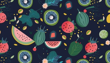 Naklejka premium Watermelons with branches, leaves and flowers on dark blue background. Vibrant summer design. Exotic tropical fruit. Generative AI.
