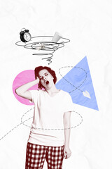 Artwork magazine collage picture of tired lady early waking up yawning isolated drawing background