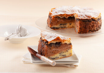 Slovenian traditional cake. Exquisite traditional cake with poppy seeds, walnuts, cottage cheese and apple layers, called Prekmurska gibanica.