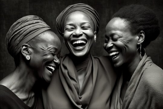 Group of three Black women laughing out loud. This is a Royalty-free fictitious generative AI artwork that doesn't exist in real life.
