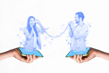 Two funny guys girl and man holograms from smartphones telling secrets through cups talk modern hi tech technology game