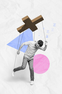 Creative conceptual collage metaphor abstract sleepy man slavery hanging authority doll puppet abuse marionette control isolated on white background