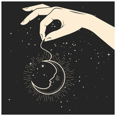 Hand with mystic pendant of moon face, pendulum with crescent , amulet of oneiromancy, witchcraft and divination, vector