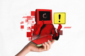 Composite collage photo artwork of headless person innovations concept smartphone display interface...