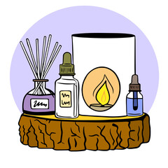 set of items on wooden stand - an aroma diffuser with bamboo sticks, candle in candlestick, aroma oils with pipette. Thai spa therapy.  wonderful spa composition.