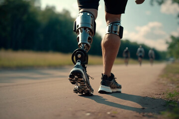 A man with a bionic leg prosthesis goes in for sports fitness jogging in the park, limb amputation, healthy lifestyle. Generative AI.