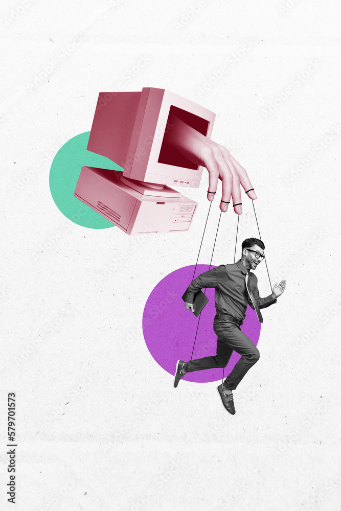 Poster 3d retro abstract creative artwork template collage of device addicted user hanging retro screen iso