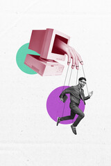 3d retro abstract creative artwork template collage of device addicted user hanging retro screen...