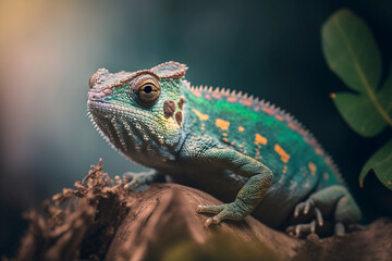 Fototapeta premium Green chameleon with textured skin close-up, blurred tropical background. Multi-colored skin of a chameleon in nature. Generative AI.