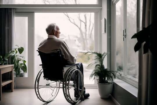 An elderly man sits in a wheelchair in a nursing home and looks out the window at nature, breathes fresh air, loneliness. Generative AI.