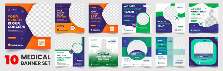 set of 10 big mega collection bundle Medical healthcare Social Media Post banner Template, Medical Healthcare Social Media Banner Template set, doctor medical healthcare social media post bundle.