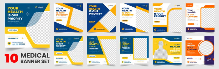 set of 10 big mega collection bundle Medical healthcare Social Media Post banner Template, Medical Healthcare Social Media Banner Template set, doctor medical healthcare social media post bundle.