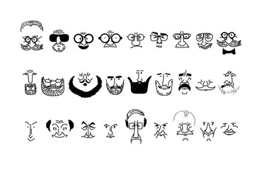 Cartoon man face. Senior, mature adult people, diverse characters set, different shapes. Funny person. Collection of facial expressions. Vector line hand drawn sketch Illustration