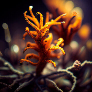 Yellow Cordyceps close-up in Habitat