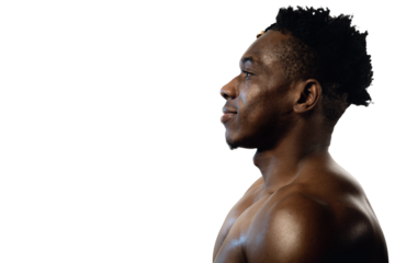 Face profile of a muscular 20s black male on a transparent background