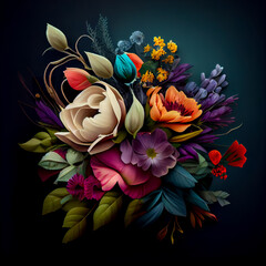 Colorful bouquet of flowers on dark background. illustration. Generative AI