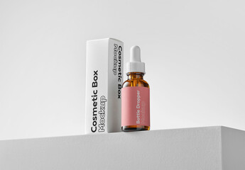 Mockup of customizable color beauty serum product bottle and box packaging available against customizable color background