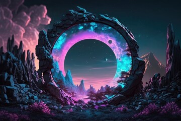 Alien Planet sci-fi outer space encounter wallpaper generative ai Illustration with copy spac - obrazy, fototapety, plakaty