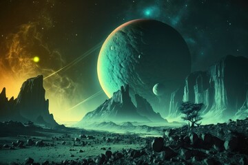 Alien Planet sci-fi outer space encounter wallpaper generative ai Illustration with copy spac