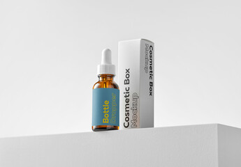 Mockup of customizable color beauty serum product bottle and box packaging available against customizable color background