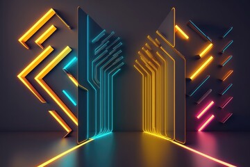 abstract minimalist geometric background. Colorful neon arrows approach each other, generative ai  linear sign