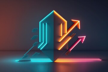  abstract minimalist geometric background. Colorful neon arrows approach each other, generative ai  linear sign