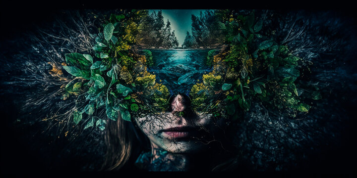 Stylish abstract image of nature in the form of a woman in spring and summer, a blurry pattern of leaves and flowers, a change of seasons in the form of a girl. Generative AI.