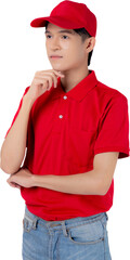 Young asian man in uniform red and cap standing and thinking idea, employee or dealer, courier and delivery, deliveryman and expression, logistic and cargo.