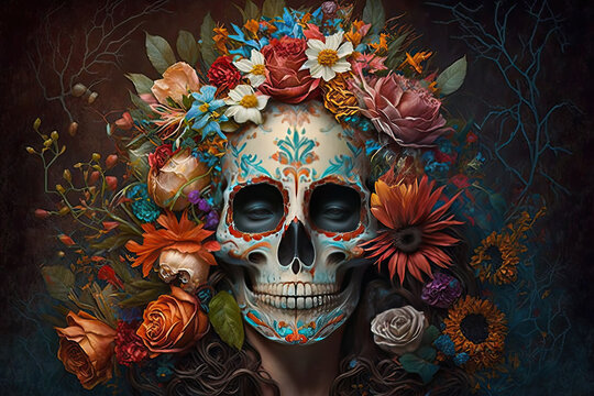 Mexican katrina skull mask decorated with flowers typical of the Dia de los muertos. Mexican religious tradition. Halloween.Ai generative