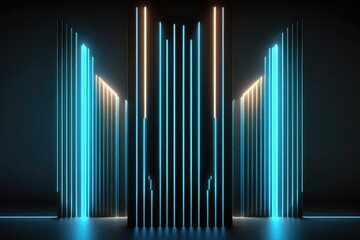 abstract vertical neon lines glowing in the dark. Laser rays virtual performance on the stage. Minimal geometric design generative ai illustration 