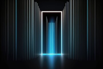 abstract vertical neon lines glowing in the dark. Laser rays virtual performance on the stage. Minimal geometric design generative ai illustration 