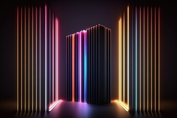 Obraz premium abstract vertical neon lines glowing in the dark. Laser rays virtual performance on the stage. Minimal geometric design generative ai illustration 
