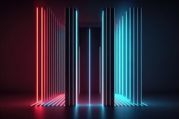 Fototapeta premium abstract vertical neon lines glowing in the dark. Laser rays virtual performance on the stage. Minimal geometric design generative ai illustration 