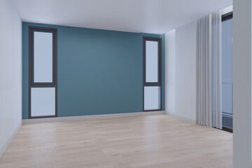 Empty room blue wall with window. 