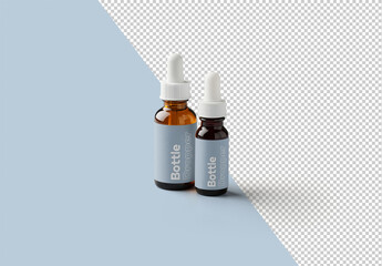 Mockup of two beauty serum product bottles with customizable labels available against customizable color and transparent background