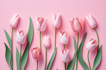 Spring tulip flowers on pink background top view in flat lay style. Greeting for Women or Mother's Day or Spring Sale Banner, generative ai, Tulip, Flowers, Pink, Background, Top View, 